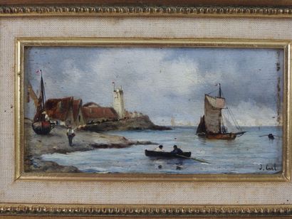 null J. CARL - XXth century: coastal scene with sailboats and boats. Oil on panel...