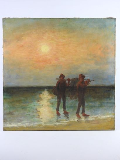 null FRENCH SCHOOL circa 1900: The return of the fishermen. Oil on canvas with trace...