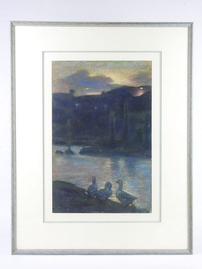 null School of the XXth century : Scene with geese near a river. Pastel signed and...