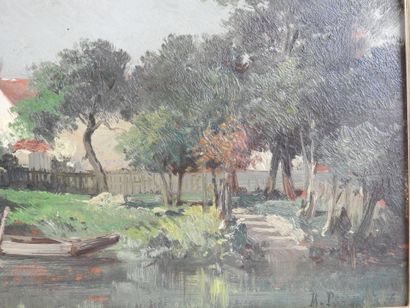 null School of the XXth century: Landscape with a pond. Oil on panel with a trace...