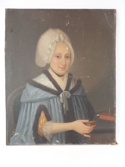 null FRENCH SCHOOL of the XVIIIth century: Portrait of a woman with a box. Oil on...