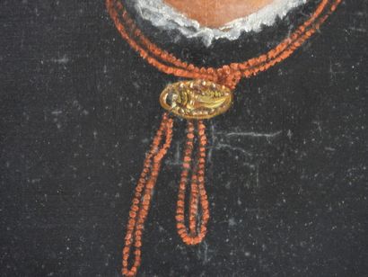 null ECOLE FRANCAISE du XIXème siècle : Portrait de femme au collier rouge. Huile...