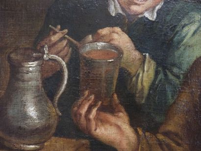 null Ecole HOLLANDAISE du XVIIIème siècle : Deux buveurs. Huile sur toile. 76 x 65...