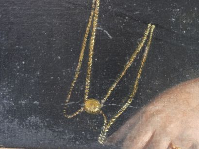 null ECOLE FRANCAISE du XIXème siècle : Portrait de femme au collier rouge. Huile...