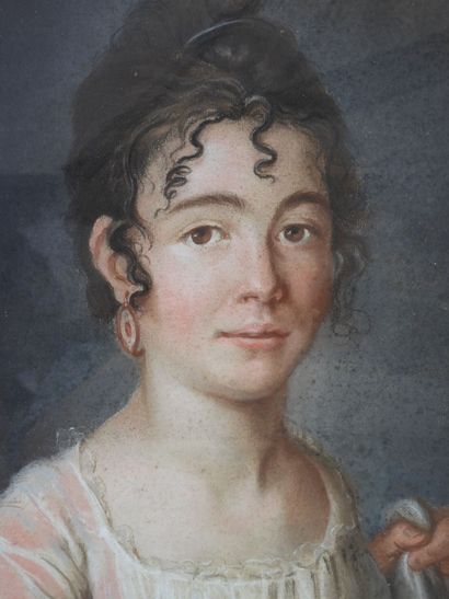 null Ecole FRANCAISE du XIXème siècle : Portrait de jeune femme aux oeillets. Pastel...