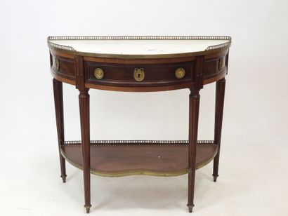 null Mahogany half-moon console opening to a drawer and two simulated in front. White...