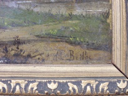 null A. L. BERTHE ( XIX-XXth): Landscape with stairs. Oil on cardboard signed down...