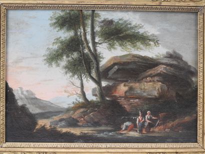 null FRENCH SCHOOL OF THE EARLY 19th CENTURY: Washerwomen by a stream in a rocky...