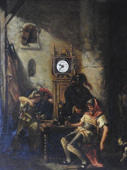 null TABLEAU HORLOGE représentant une scène de taverne. Huile sur toile avec trace...