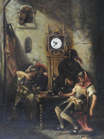 null CLOCK TABLE representing a tavern scene. Oil on canvas with a trace of signature...