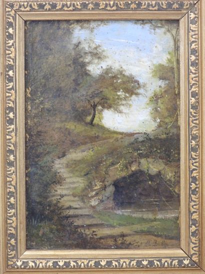 null A. L. BERTHE ( XIX-XXth): Landscape with stairs. Oil on cardboard signed down...