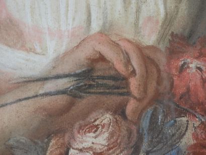 null Ecole FRANCAISE du XIXème siècle : Portrait de jeune femme aux oeillets. Pastel...