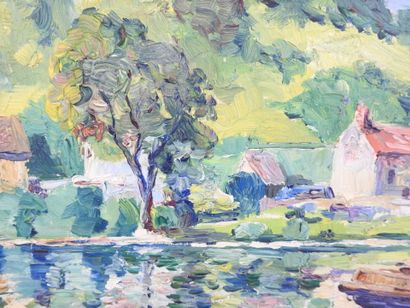null Louis LABRO-FONT (1881-1952): Promenade sur le lac. Huile sur carton. 34,5 x...