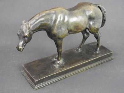 null 
Antoine-Louis BARYE (1796-1875) : Cheval demi-sang, tête baissée. Bronze patiné,...