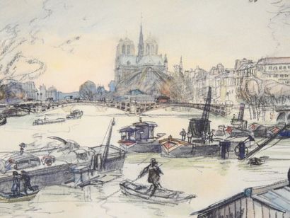 null Eugène-Louis VÉDER (1876-1936). 

La Seine, le chevet de Notre-Dame et le pont...