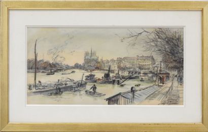 null Eugène-Louis VÉDER (1876-1936). 

La Seine, le chevet de Notre-Dame et le pont...