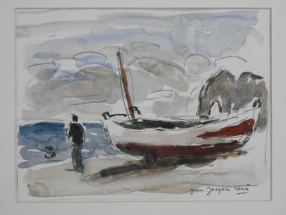 null Jean-Jacques RENE (1943) : Barque à Étretat. Aquarelle signée en bas à droite....
