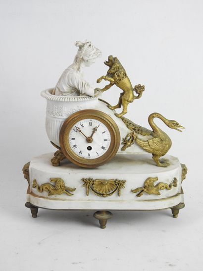 null Bisque and gilt bronze clock representing Aphrodite draped in the antique style,...