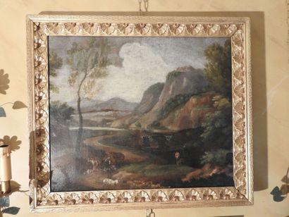 null FRENCH SCHOOL of the 18th century: Animated landscape at the water's edge. Oil...
