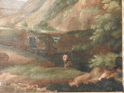 null FRENCH SCHOOL of the 18th century: Animated landscape at the water's edge. Oil...