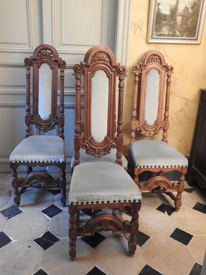 SET OF FOUR WOODEN CHAIRS, molded and carved...