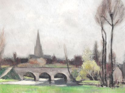 null P. BOMPAUTO - XXth century

The bridge and the church

Oil on cardboard, signed...