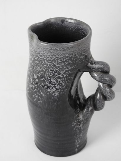 null ACCOLAY : Ceramic pitcher with purple glaze and twisted handle. Signed and annotated...