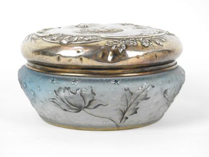 null DAUM : Candy jar in glass with acid-etched decoration of flowers on blue frosted...