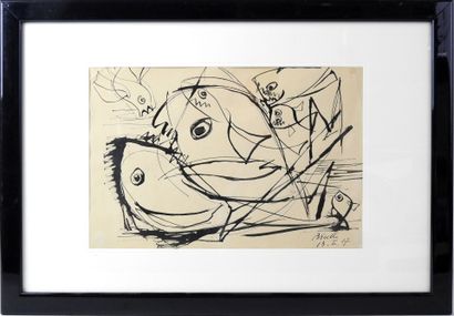 null Roger BRIELLE (1899-1960): Composition with fish. 1947. Drawing in ink. Signed...