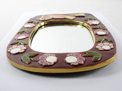 null Mithé ESPELT (1923-2020): Mirror in red enamelled ceramics with decoration of...