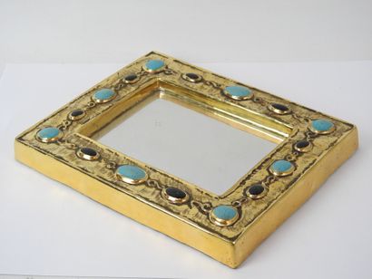 null Francois LEMBO (1930 - 2013): Gold enamelled ceramic mirror with turquoise cabochon...