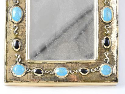 null Francois LEMBO (1930 - 2013): Gold enamelled ceramic mirror with turquoise cabochon...
