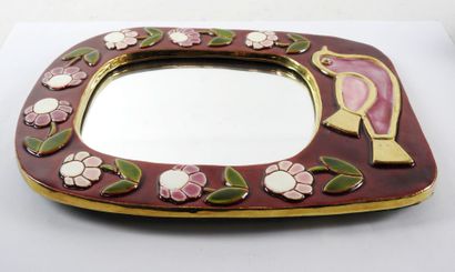 null Mithé ESPELT (1923-2020): Mirror in red enamelled ceramics with decoration of...