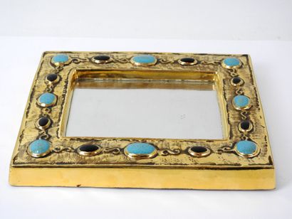 null Francois LEMBO (1930 - 2013): Gold enamelled ceramic mirror with turquoise cabochon...