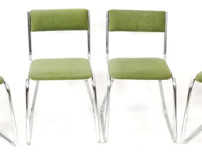 null FOUR CHAIRS type sled in chromed metal and green fabric trim. H: 76 - W: 40...
