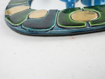 null Mithé ESPELT (1923-2020): Green, blue and gold glazed ceramic framed mirror,...