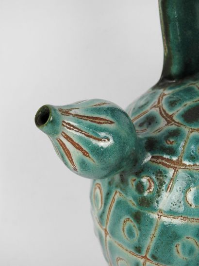 null Robert PICAULT (1919-2000): Gargoyle in turquoise enamelled ceramic scarified...