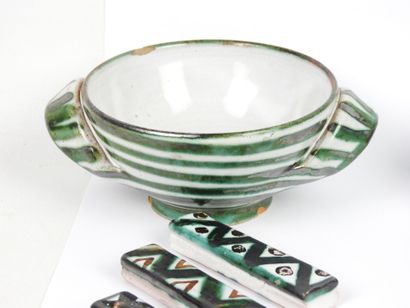 null Robert PICAULT (1919-2000) : 11 knife holders and two bowls with ears in green...
