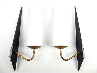 null PAIR OF APPLIQUES, the triangular plate in blackened metal, brass and opaline...