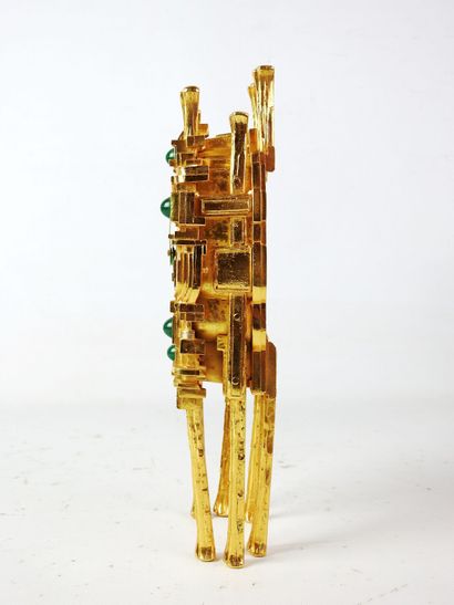 null SCHMID : Pendule moderniste en métal doré et 5 cabochons vert reposant sur six...