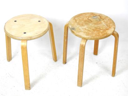 null Alvar AALTO (1898 -1976) (in the style of) : Two stools in birch multi-ply wood...