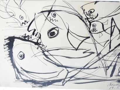 null Roger BRIELLE (1899-1960): Composition with fish. 1947. Drawing in ink. Signed...