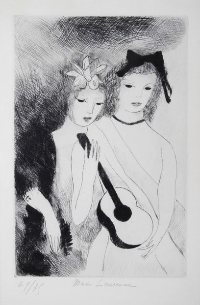 null Marie LAURENCIN (1883-1956): Two young girls with a guitar (1952). Etching....