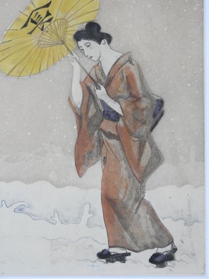 null Leonard Tsuguharu FOUJITA (1886-1968) : Geisha with a parasol. Original etching,...