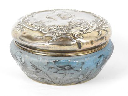 null DAUM : Candy jar in glass with acid-etched decoration of flowers on blue frosted...