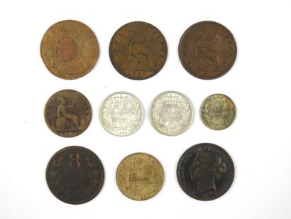 null GRANDE-BRETAGNE
Lot de monnaies dont Jersey 1/12e Shilling 1877, Guernesey 8...