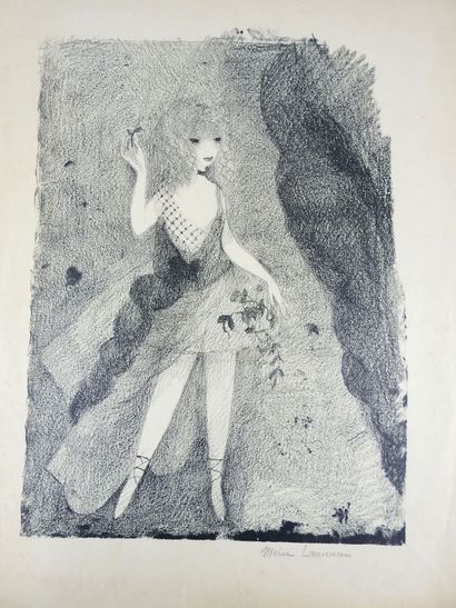 null Marie LAURENCIN (1883-1956) : Danseuse aux fleurs. Estampe en noir et blanc....