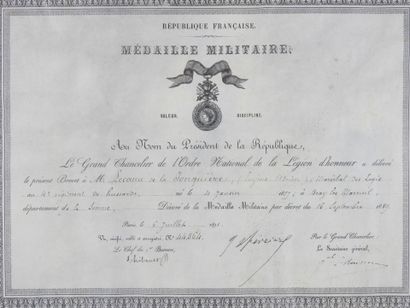 null FRANCE. Diplôme d'attribution de la médaille militaire à un maréchal-des-logis...