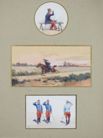 null FRANCE. Ecole française, "Scènes militaires vers 1900-1910", suite de 3 petites...