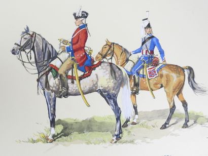 null LITHOGRAPHIES. MAC. French cavalry and infantry XVIIIth century, dragons, hussars,...